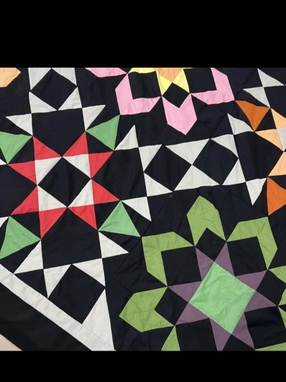 Classic Patchwork Floral Jewel Quilt Top in Black And Multicolor. Queen